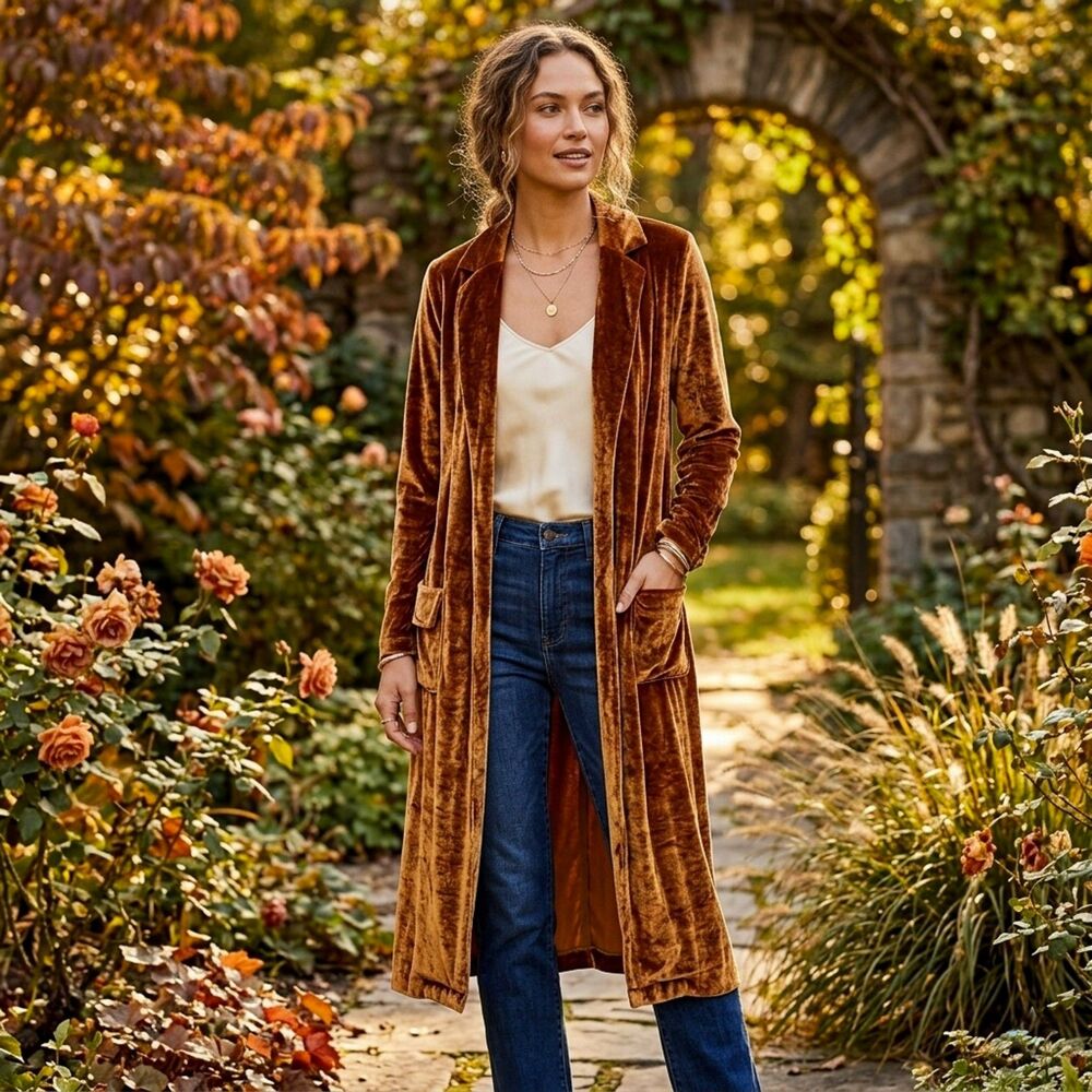 Nasty Gal velour duster cardigan bronze/mustard brown Size 6